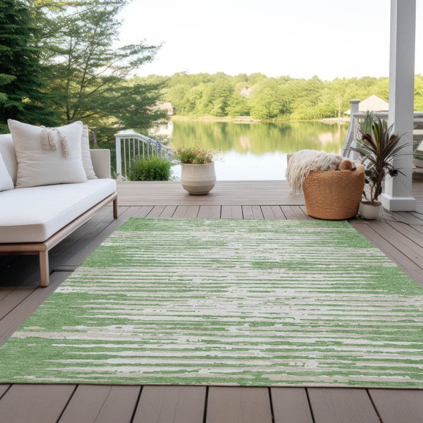Homeroots 3' Artichoke Green And Ivory Striped Washable Area Rug For Indoor And Outdoor Spaces, Durable Design 3' X 5' Polyester 592377