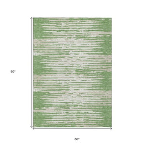 Homeroots 3' Artichoke Green And Ivory Striped Washable Area Rug For Indoor And Outdoor Spaces, Durable Design 5' X 8' Polyester 592378