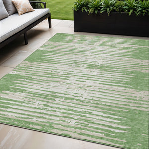 Homeroots 3' Artichoke Green And Ivory Striped Washable Area Rug For Indoor And Outdoor Spaces, Durable Design 5' X 8' Polyester 592378