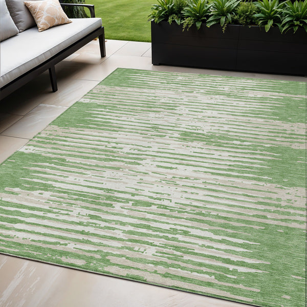 Homeroots 3' Artichoke Green And Ivory Striped Washable Area Rug For Indoor And Outdoor Spaces, Durable Design 5' X 8' Polyester 592378