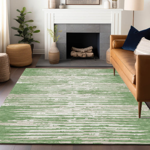 Homeroots 3' Artichoke Green And Ivory Striped Washable Area Rug For Indoor And Outdoor Spaces, Durable Design 5' X 8' Polyester 592378