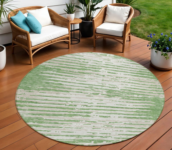 Homeroots 3' Artichoke Green And Ivory Striped Washable Area Rug For Indoor And Outdoor Spaces, Durable Design 8' Round Polyester 592379