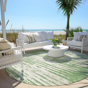 Homeroots 3' Artichoke Green And Ivory Striped Washable Area Rug For Indoor And Outdoor Spaces, Durable Design 8' Round Polyester 592379
