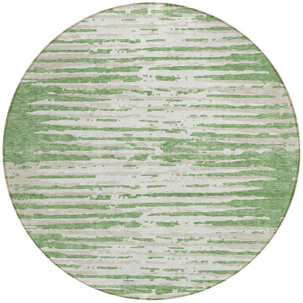 Homeroots 3' Artichoke Green And Ivory Striped Washable Area Rug For Indoor And Outdoor Spaces, Durable Design 8' Round Polyester 592379
