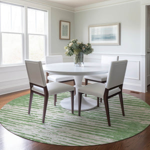 Homeroots 3' Artichoke Green And Ivory Striped Washable Area Rug For Indoor And Outdoor Spaces, Durable Design 8' Round Polyester 592379