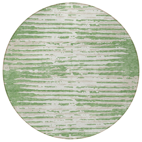 Homeroots 3' Artichoke Green And Ivory Striped Washable Area Rug For Indoor And Outdoor Spaces, Durable Design 8' Round Polyester 592379