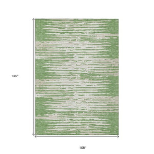 Homeroots 3' Artichoke Green And Ivory Striped Washable Area Rug For Indoor And Outdoor Spaces, Durable Design 9' X 12' Polyester 592381