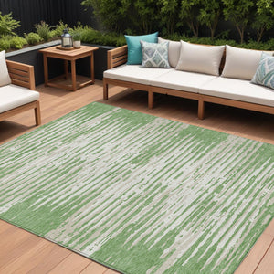 Homeroots 3' Artichoke Green And Ivory Striped Washable Area Rug For Indoor And Outdoor Spaces, Durable Design 9' X 12' Polyester 592381