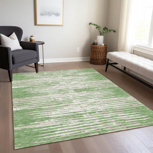 Homeroots 3' Artichoke Green And Ivory Striped Washable Area Rug For Indoor And Outdoor Spaces, Durable Design 9' X 12' Polyester 592381