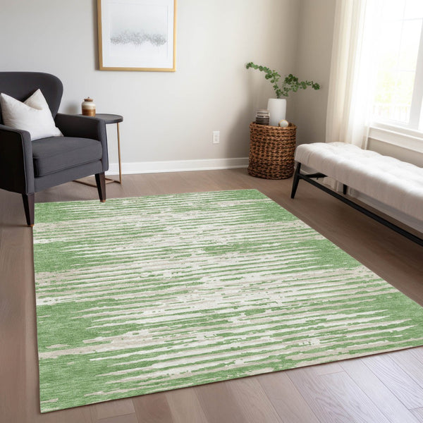 Homeroots 3' Artichoke Green And Ivory Striped Washable Area Rug For Indoor And Outdoor Spaces, Durable Design 9' X 12' Polyester 592381