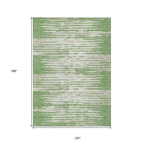 Homeroots 3' Artichoke Green And Ivory Striped Washable Area Rug For Indoor And Outdoor Spaces, Durable Design 10' X 14' Polyester 592382