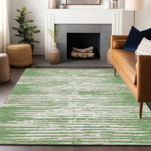 Homeroots 3' Artichoke Green And Ivory Striped Washable Area Rug For Indoor And Outdoor Spaces, Durable Design 10' X 14' Polyester 592382
