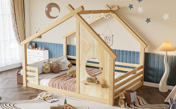 English Elm Twin House Bed Low Profile Pine Wood Frame with Shelf Montessori Kids Floor Sleeping Natural W5305P429645