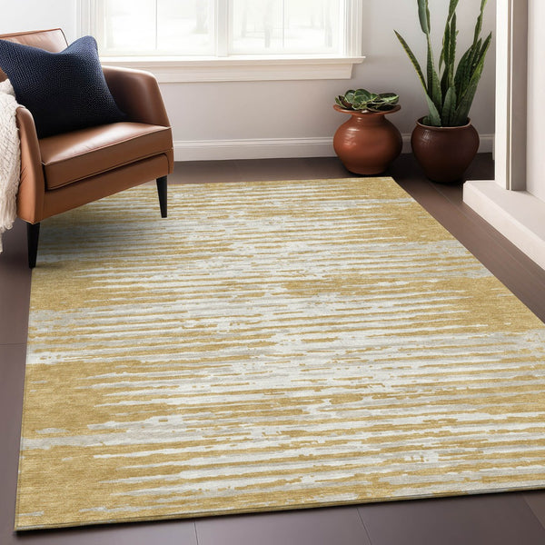 Homeroots 3' Artichoke Green And Ivory Striped Washable Area Rug For Indoor And Outdoor Spaces, Durable Design 9' X 12' Polyester 592387