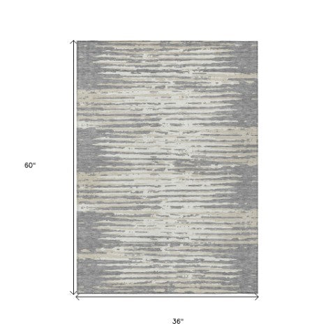 Homeroots 3' Artichoke Green And Ivory Striped Washable Area Rug For Indoor And Outdoor Spaces, Durable Design 3' X 5' Polyester 592389