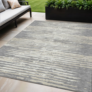 Homeroots 3' Artichoke Green And Ivory Striped Washable Area Rug For Indoor And Outdoor Spaces, Durable Design 5' X 8' Polyester 592390