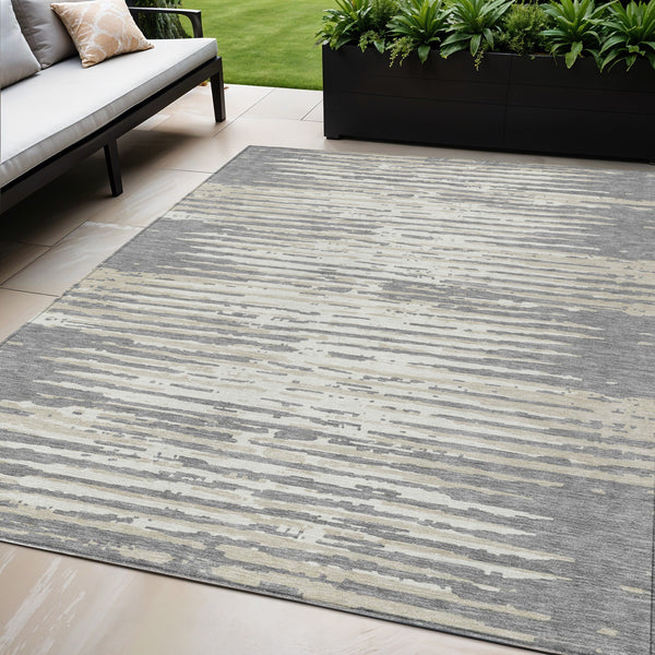 Homeroots 3' Artichoke Green And Ivory Striped Washable Area Rug For Indoor And Outdoor Spaces, Durable Design 5' X 8' Polyester 592390
