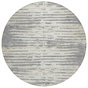 HomeRoots 5' Gray and Ivory Striped Washable Area Rug for Indoor and Outdoor Use – Durable, Stylish, Easy Care! 8' Round 592391