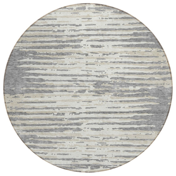 HomeRoots 5' Gray and Ivory Striped Washable Area Rug for Indoor and Outdoor Use – Durable, Stylish, Easy Care! 8' Round 592391