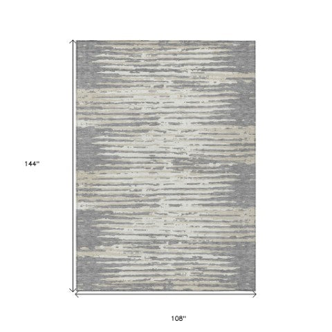 Homeroots 3' Artichoke Green And Ivory Striped Washable Area Rug For Indoor And Outdoor Spaces, Durable Design 9' X 12' Polyester 592393