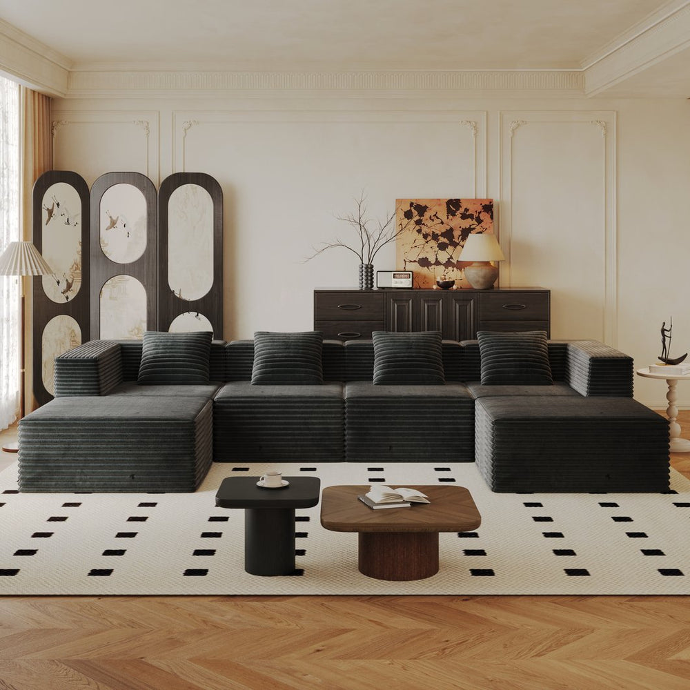 English Elm Modular Sectional Couch - Boneless Sofa With Plush Corduroy, Deep Seats, No Assembly, Grey (4 Seats + 2 Ottomans) W3434S00027