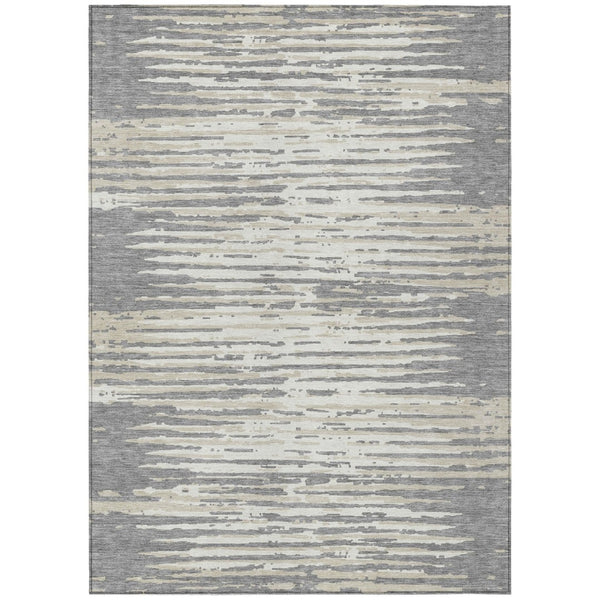 HomeRoots 5' Gray and Ivory Striped Washable Area Rug for Indoor and Outdoor Use – Durable, Stylish, Easy Care! 10' X 14' 592394