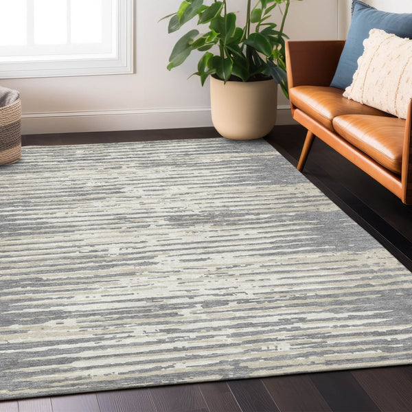 Homeroots 3' Artichoke Green And Ivory Striped Washable Area Rug For Indoor And Outdoor Spaces, Durable Design 10' X 14' Polyester 592394