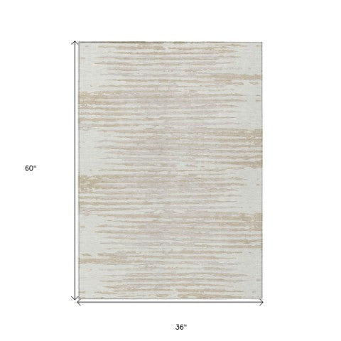 Homeroots 3' Artichoke Green And Ivory Striped Washable Area Rug For Indoor And Outdoor Spaces, Durable Design 3' X 5' Polyester 592395