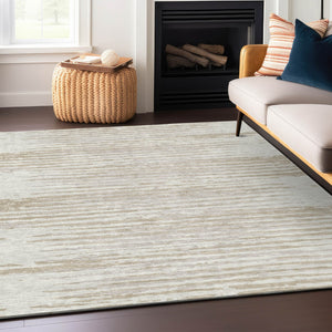 Homeroots 3' Artichoke Green And Ivory Striped Washable Area Rug For Indoor And Outdoor Spaces, Durable Design 3' X 5' Polyester 592395