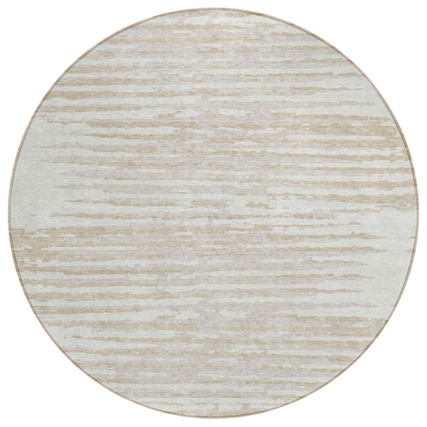 HomeRoots 5' Striped Indoor Outdoor Area Rug in Ivory and Beige - Durable, Washable, and Stylish Design for Any Space 8' Round 592397