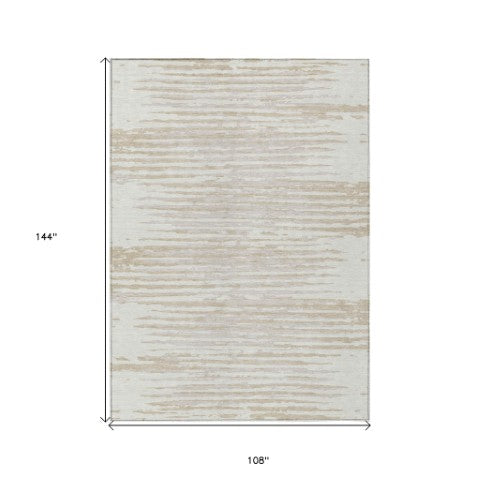 Homeroots 3' Artichoke Green And Ivory Striped Washable Area Rug For Indoor And Outdoor Spaces, Durable Design 9' X 12' Polyester 592399