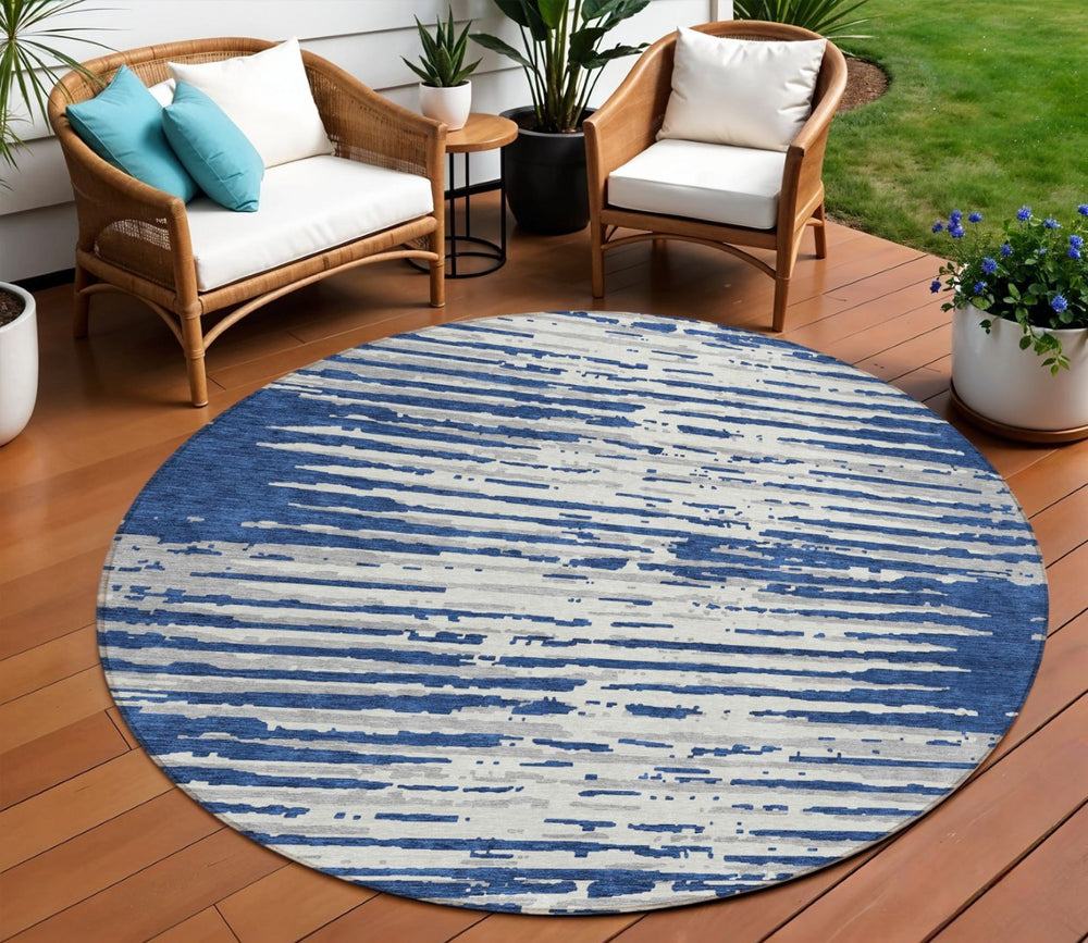 HomeRoots 5' Classic Navy Blue and Ivory Striped Washable Area Rug for Indoor and Outdoor Spaces, Durable Design 8' Round 592403