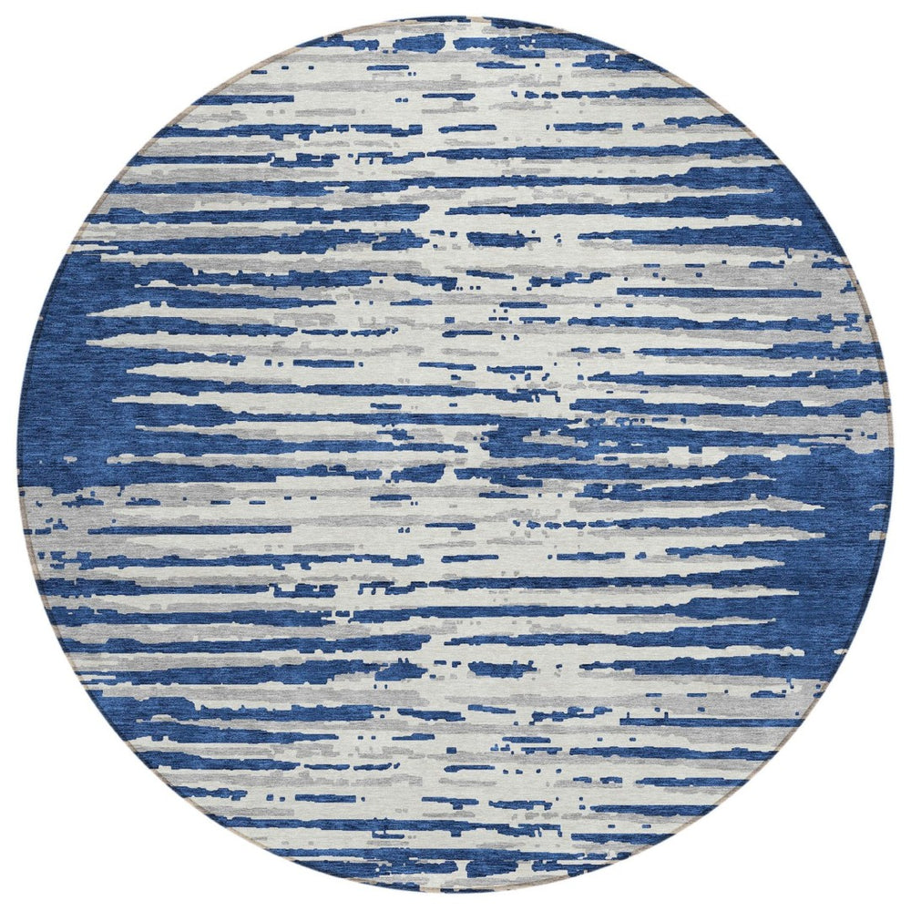 HomeRoots 5' Classic Navy Blue and Ivory Striped Washable Area Rug for Indoor and Outdoor Spaces, Durable Design 8' Round 592403
