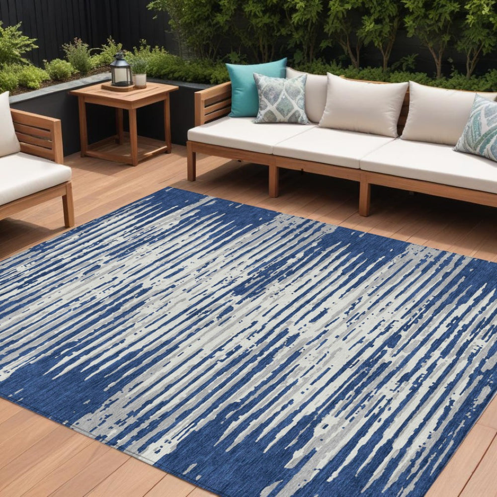 HomeRoots 9' Navy Blue and Ivory Striped Area Rug – Durable, Washable Design for Indoor and Outdoor Spaces 9' X 12' 592405