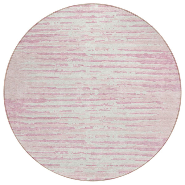 HomeRoots 5' Pink and Gray Striped Area Rug - Stylish, Durable, Washable Design for Indoor and Outdoor Spaces 8' Round 592409