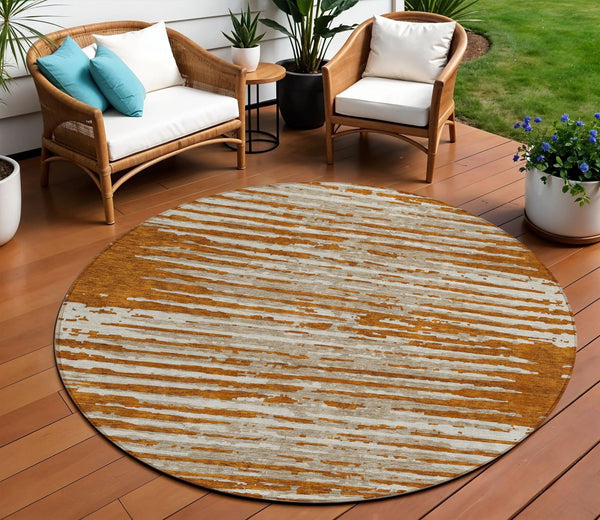 Homeroots 3' Artichoke Green And Ivory Striped Washable Area Rug For Indoor And Outdoor Spaces, Durable Design 8' Round Polyester 592415