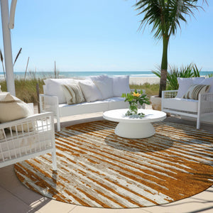 Homeroots 3' Artichoke Green And Ivory Striped Washable Area Rug For Indoor And Outdoor Spaces, Durable Design 8' Round Polyester 592415