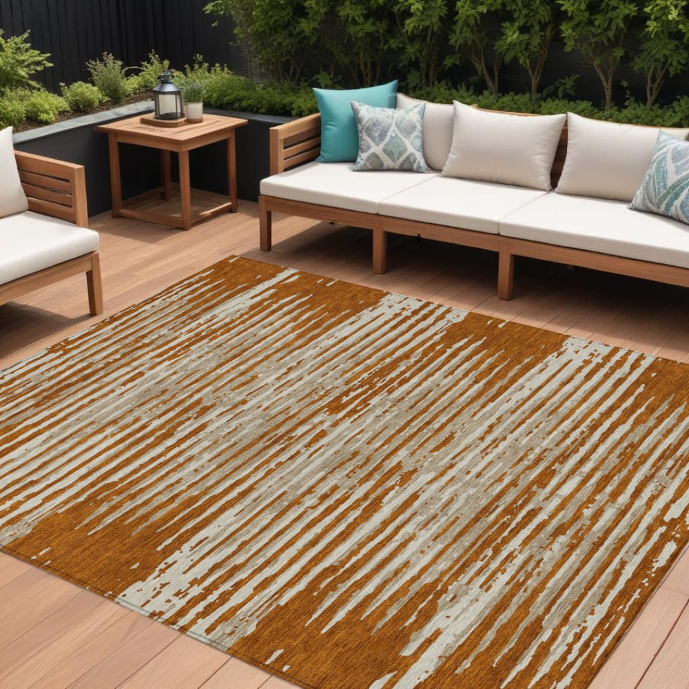 HomeRoots 9' Striped Indoor Outdoor Area Rug in Brown, Gray, and Ivory – Durable, Washable, and Stylish Design 9' X 12' 592417
