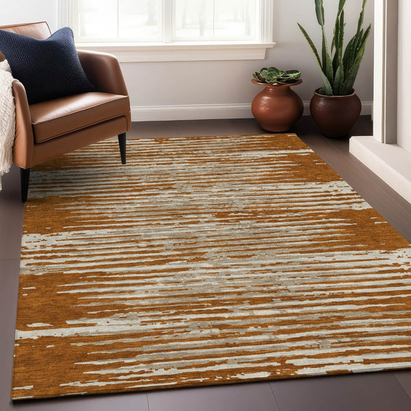 Homeroots 3' Artichoke Green And Ivory Striped Washable Area Rug For Indoor And Outdoor Spaces, Durable Design 10' X 14' Polyester 592418