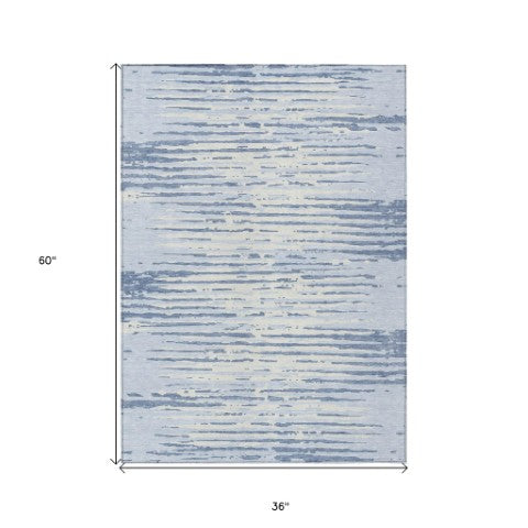 Homeroots 3' Artichoke Green And Ivory Striped Washable Area Rug For Indoor And Outdoor Spaces, Durable Design 3' X 5' Polyester 592419