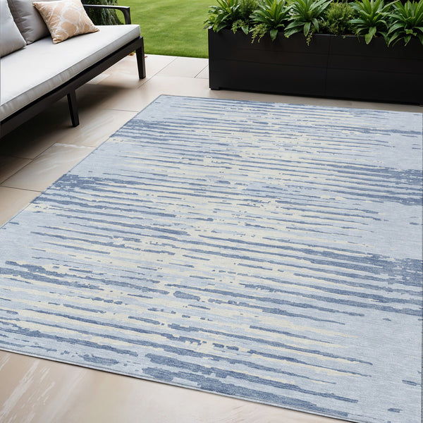 Homeroots 3' Artichoke Green And Ivory Striped Washable Area Rug For Indoor And Outdoor Spaces, Durable Design 5' X 8' Polyester 592420