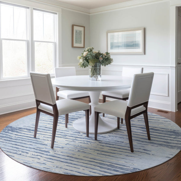 Homeroots 3' Artichoke Green And Ivory Striped Washable Area Rug For Indoor And Outdoor Spaces, Durable Design 8' Round Polyester 592421