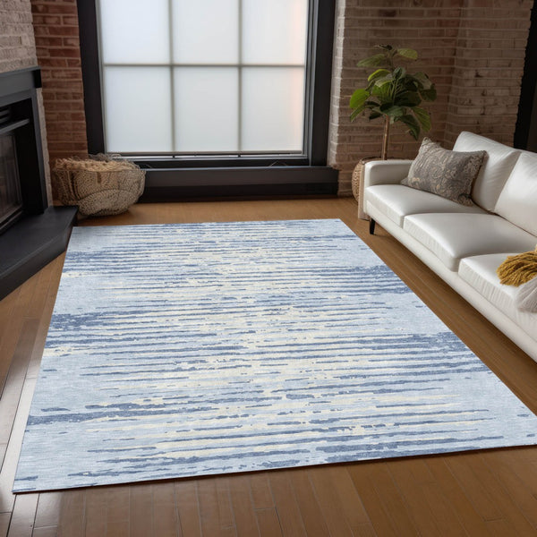 Homeroots 3' Artichoke Green And Ivory Striped Washable Area Rug For Indoor And Outdoor Spaces, Durable Design 10' X 14' Polyester 592424