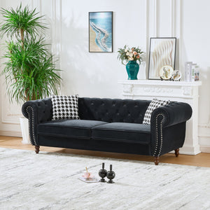 English Elm 87"Chesterfield Velvet Upholstery Sofa with Roll Armrests & Nailhead Trim, 3-Seater Luxurious Midcentury Design Black W3373S00009