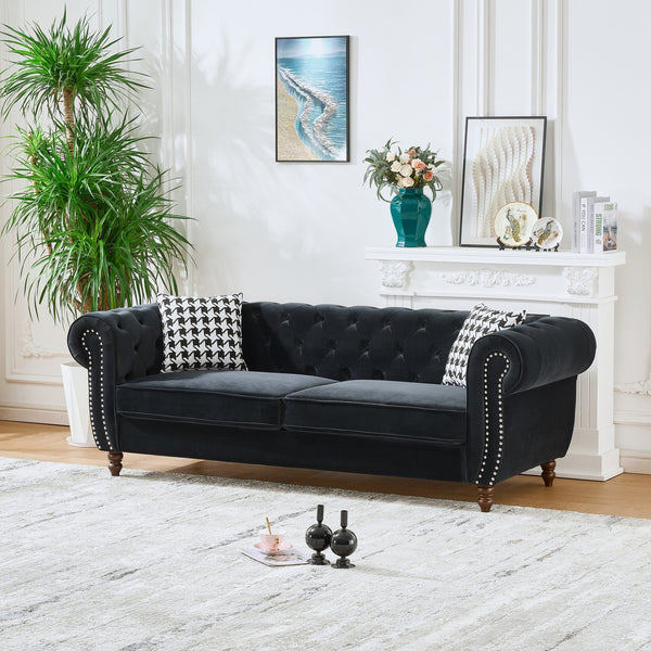 English Elm 87"Chesterfield Velvet Upholstery Sofa with Roll Armrests & Nailhead Trim, 3-Seater Luxurious Midcentury Design Black W3373S00009