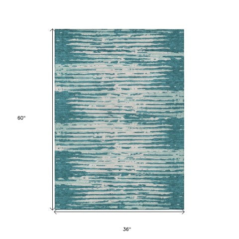 Homeroots 3' Artichoke Green And Ivory Striped Washable Area Rug For Indoor And Outdoor Spaces, Durable Design 3' X 5' Polyester 592425