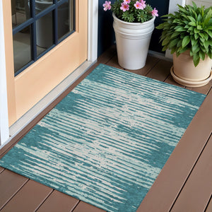 Homeroots 3' Artichoke Green And Ivory Striped Washable Area Rug For Indoor And Outdoor Spaces, Durable Design 3' X 5' Polyester 592425