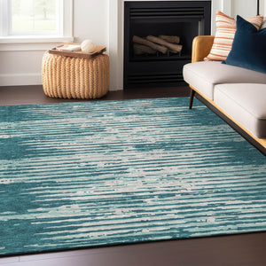 Homeroots 3' Artichoke Green And Ivory Striped Washable Area Rug For Indoor And Outdoor Spaces, Durable Design 3' X 5' Polyester 592425