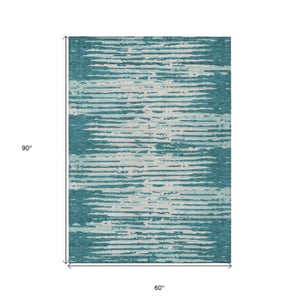 Homeroots 3' Artichoke Green And Ivory Striped Washable Area Rug For Indoor And Outdoor Spaces, Durable Design 5' X 8' Polyester 592426