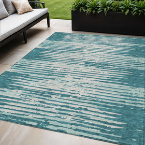 Homeroots 3' Artichoke Green And Ivory Striped Washable Area Rug For Indoor And Outdoor Spaces, Durable Design 5' X 8' Polyester 592426